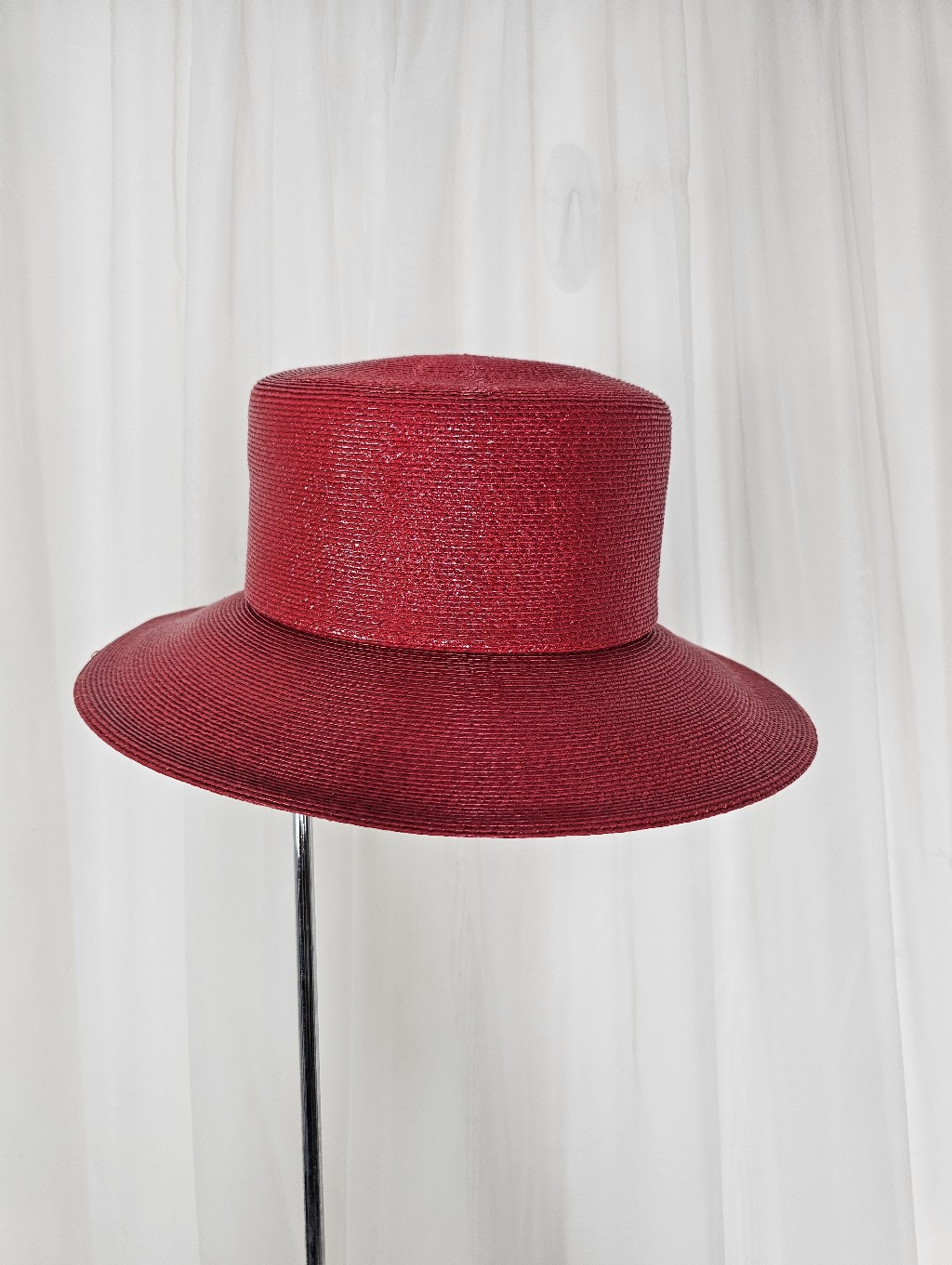 Suzanne Custom Millinery Red Hat Wide-Brim Straw Boater Couture